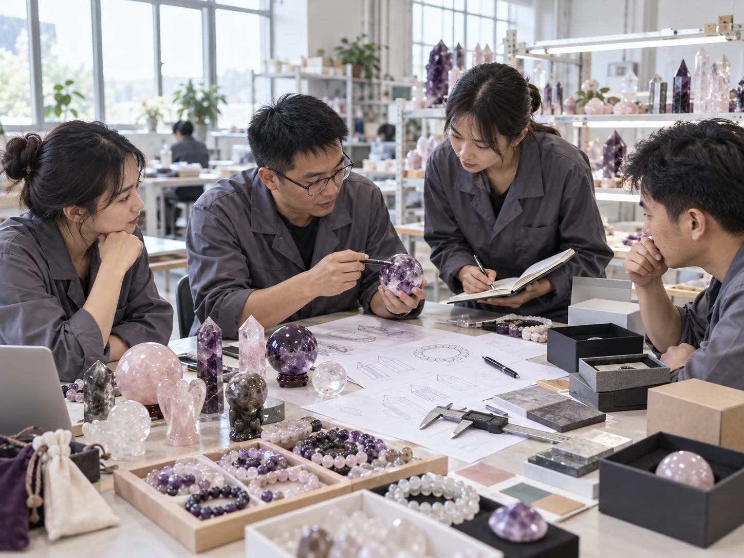 Crystal product design team reviewing samples, drawings, and packaging ideas at a custom crystal workshop