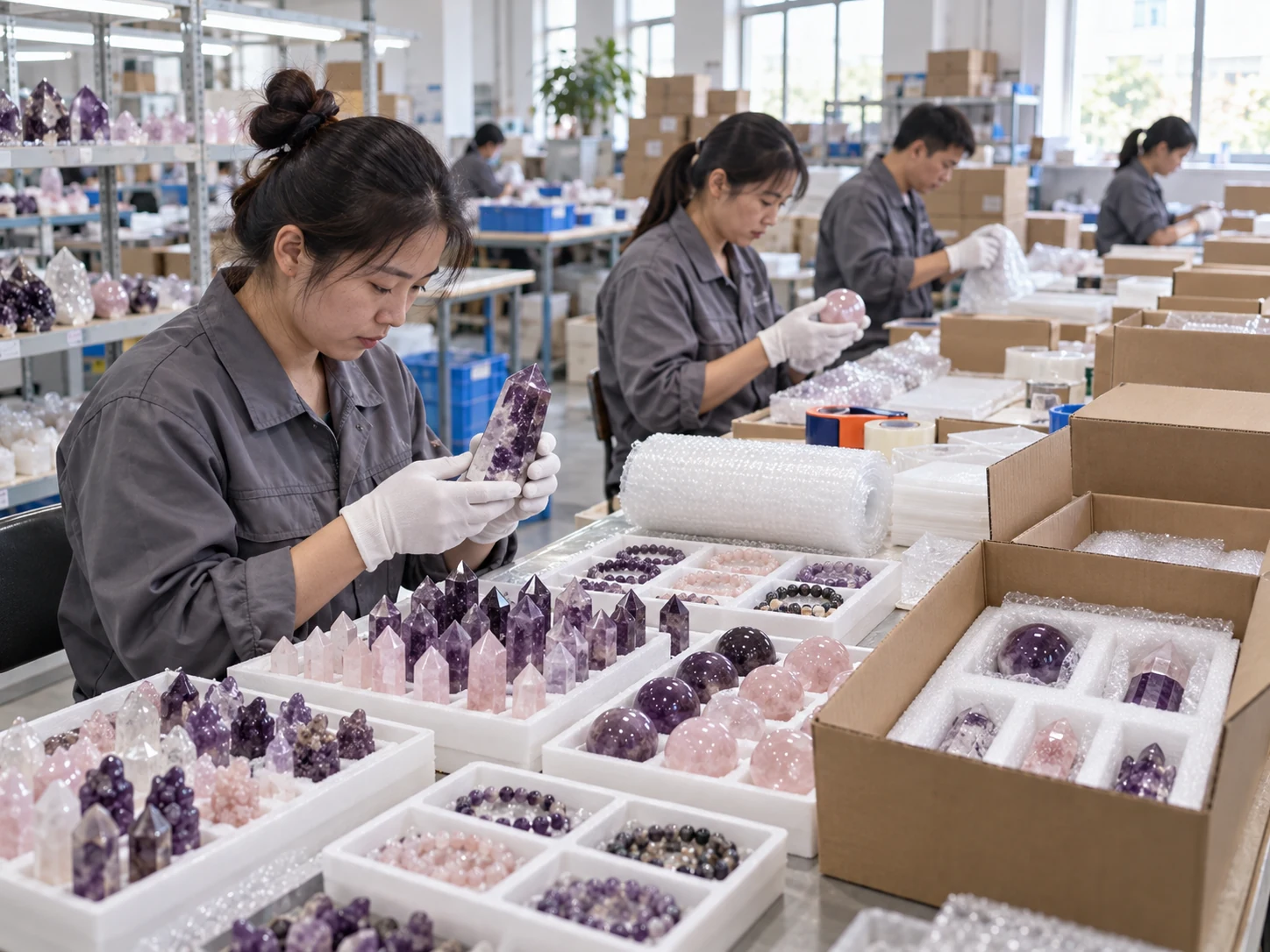 Workers inspecting, sorting, and packing crystal towers, spheres, and bracelets in a factory workshop
