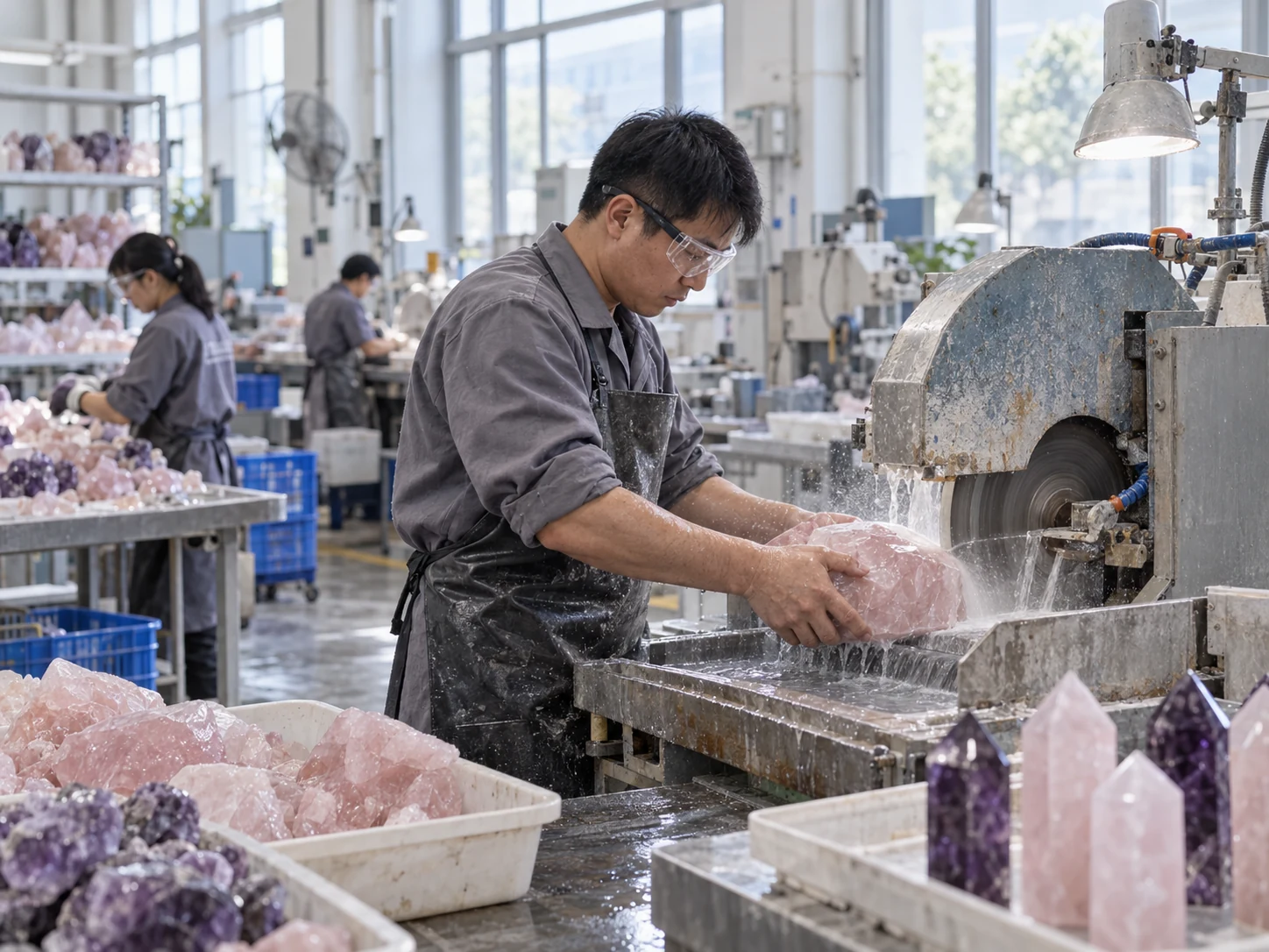 Worker cutting and shaping rough rose quartz at a crystal carving factory workshop