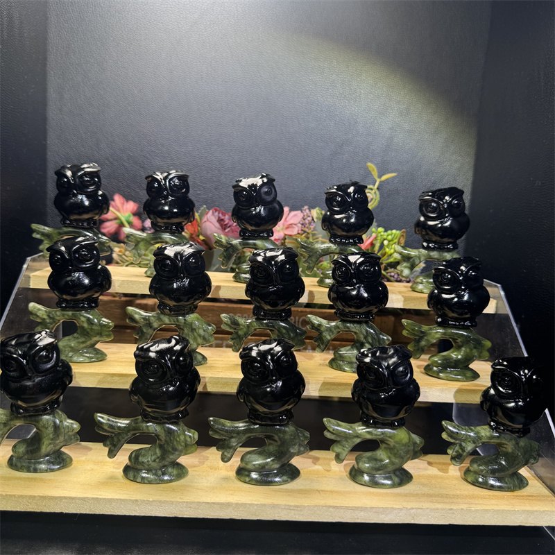 Black Obsidian Owl on Branch Crystal Carving wholesale product photo 2
