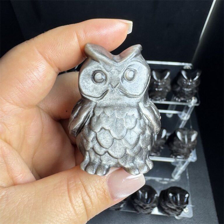 Silver Sheen Obsidian Owl Crystal Carving