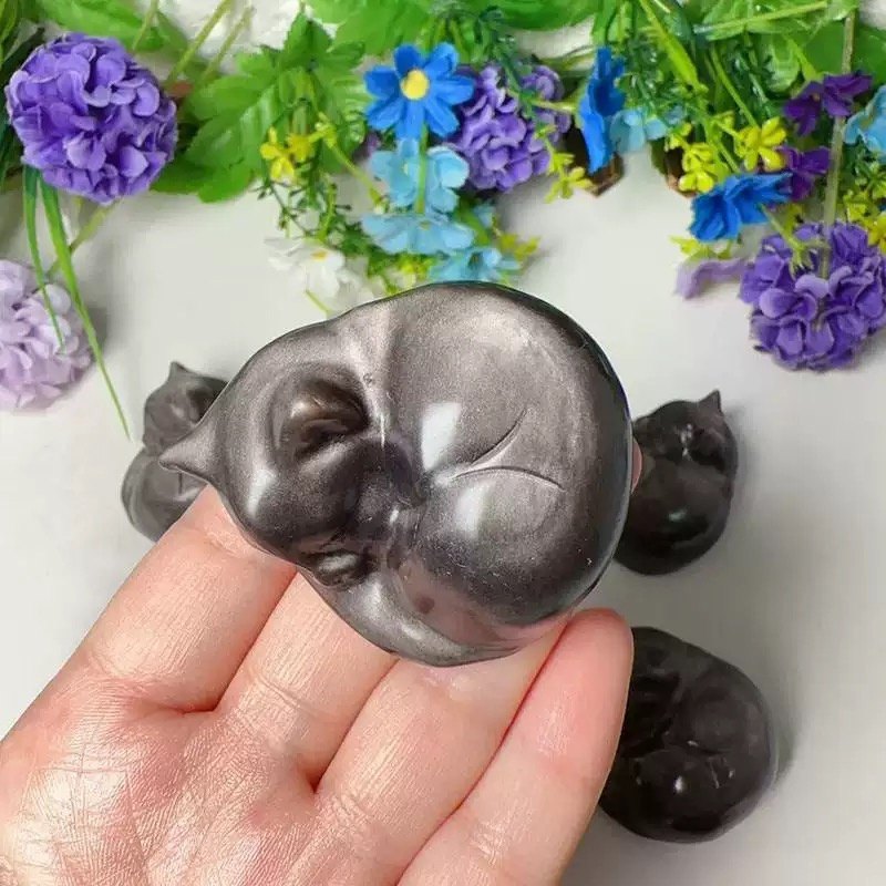 Silver Sheen Obsidian Sleeping Cat Crystal Carving wholesale product photo 3